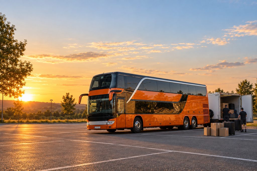 Colete încărcate în remorca autocarului RomeoTrans, la apus (ilustrație)