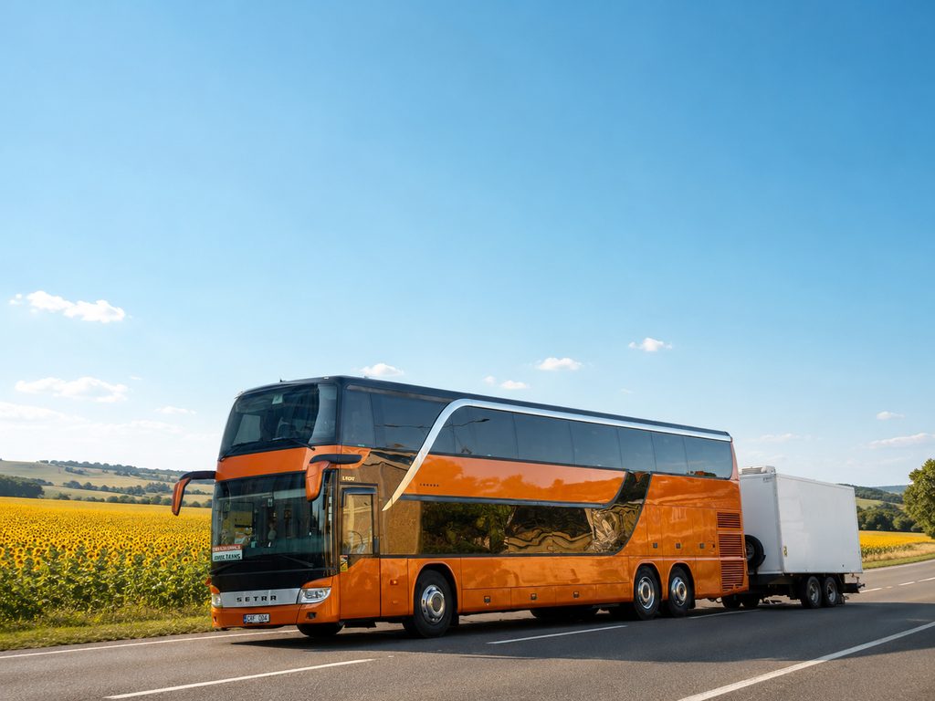 Autocar RomeoTrans pe drumul spre Moldova, pe lângă un lan de floarea-soarelui (ilustrație)