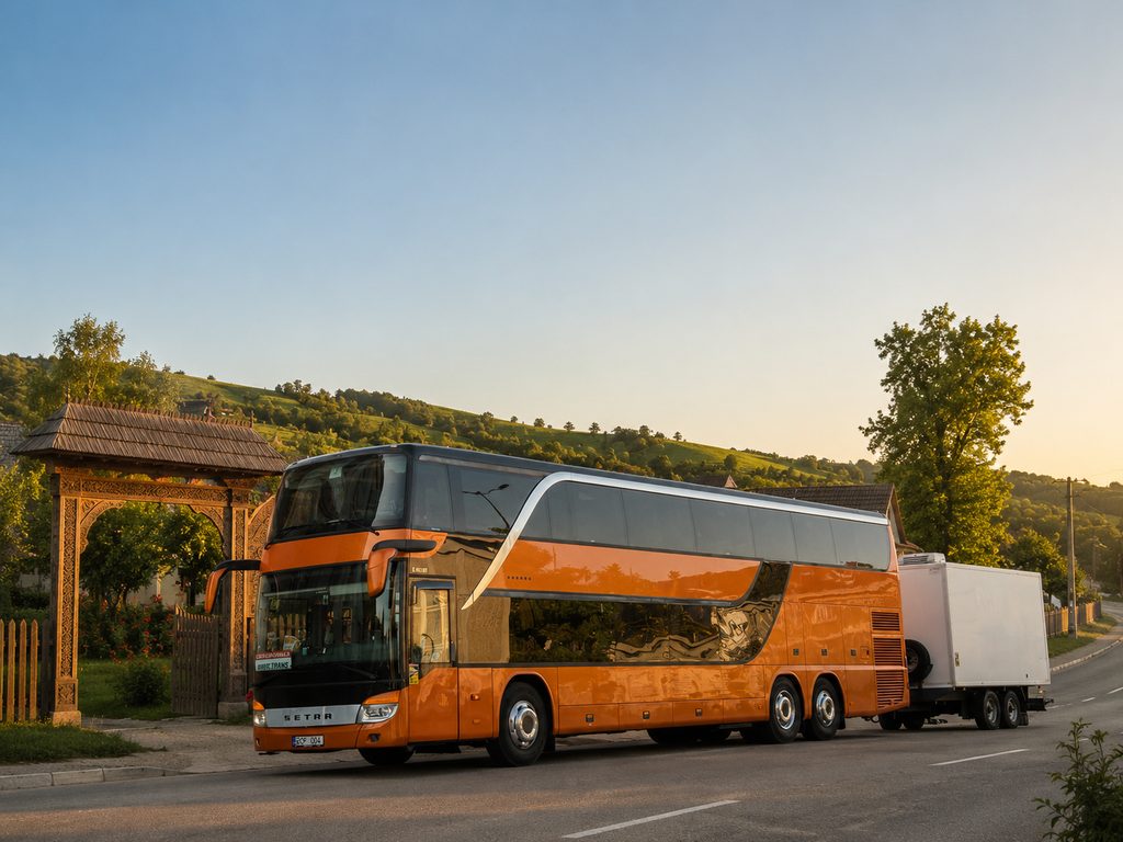 Autocar RomeoTrans lângă o poartă tradițională moldovenească (ilustrație)